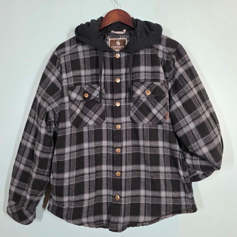 Legendary Outfitters Mens Plaid Hooded Flannel Shirt Jacket Grey‎ Black Small